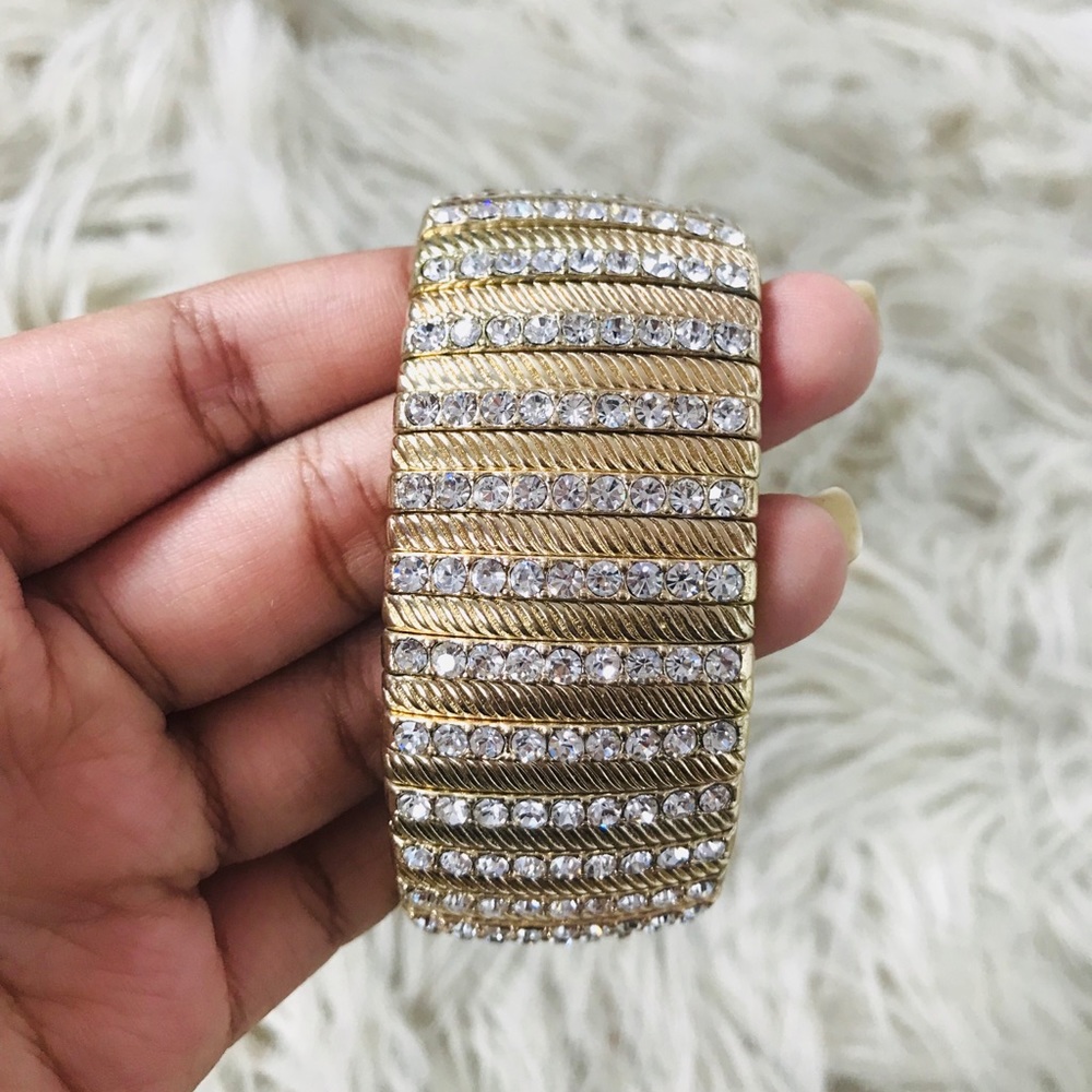 Crystal & Gold Stripe Patterned Cuffed Bracelet